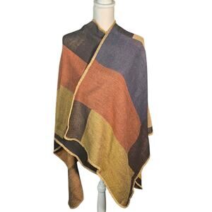 VTG 90s Wool Boho Patchwork Poncho Festival Blanket Shawl Wrap